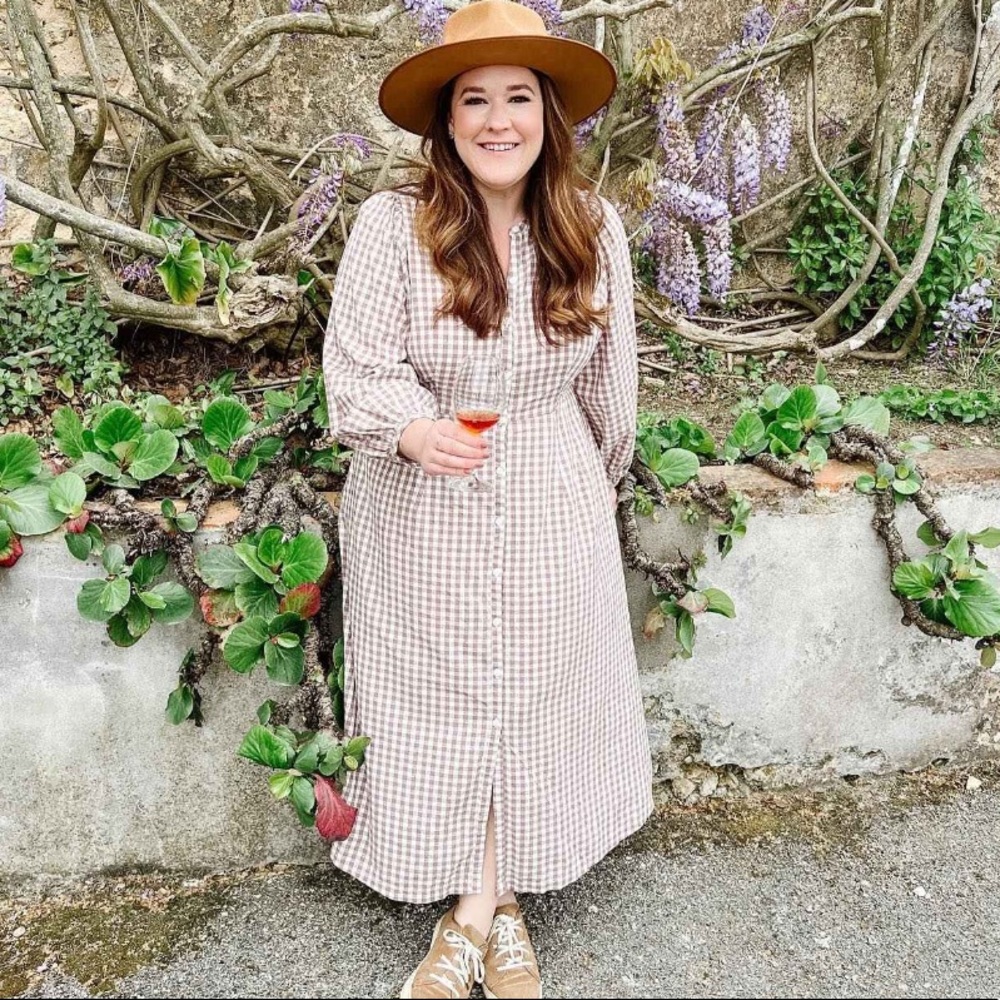 Womens balloon long sleeve button down dress universal thread brown plaid sz L
